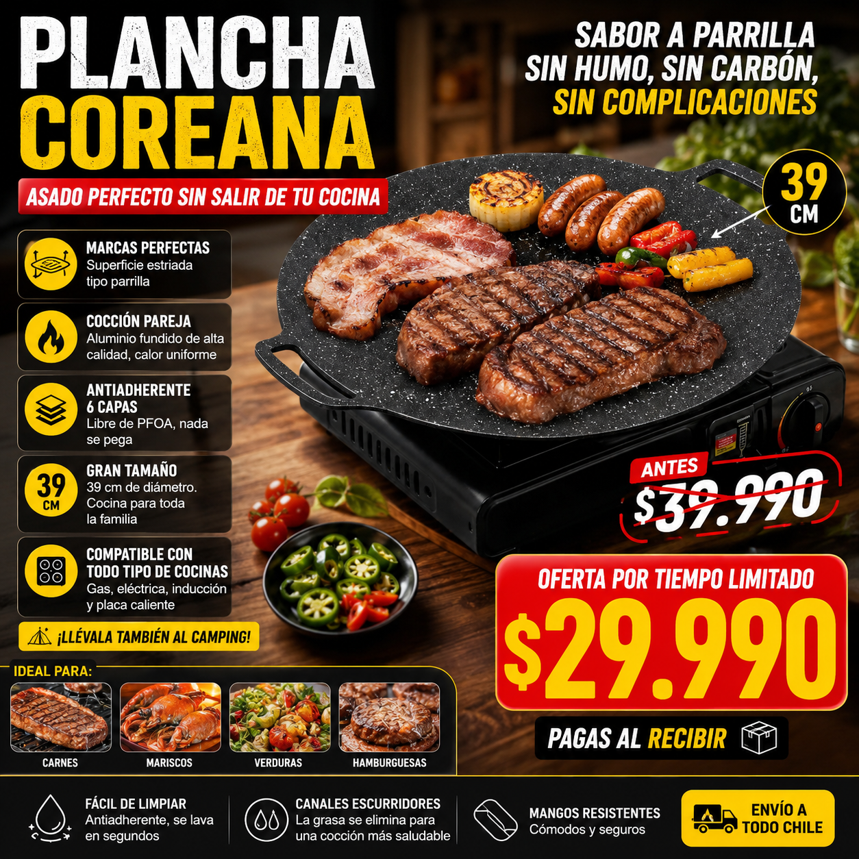 Plancha Coreana 39 cm Antiadherente